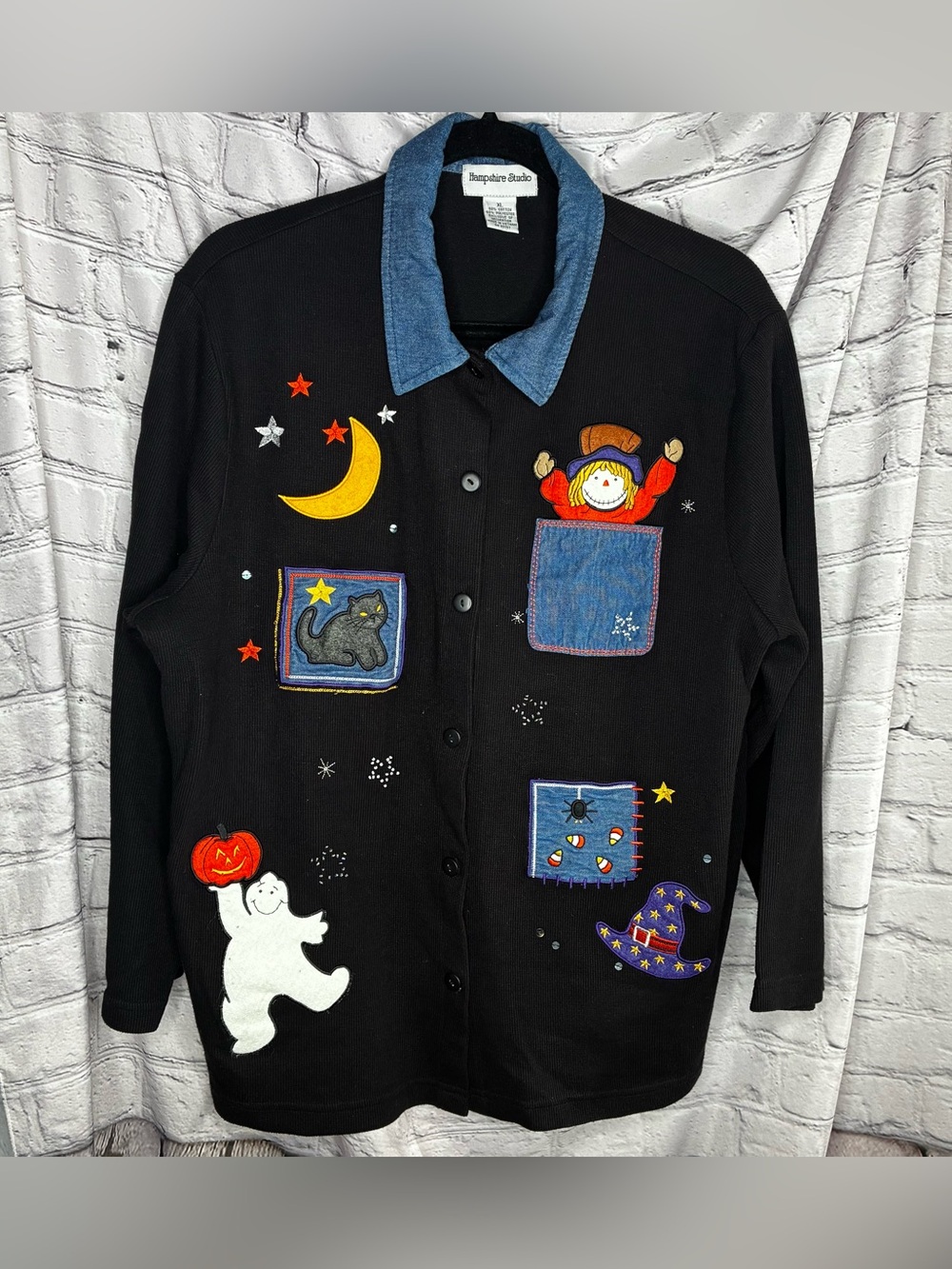 VTG 90s Halloween Kitsch Spooky Appliqué Grandmacore Button Down Cardigan XL GUC
